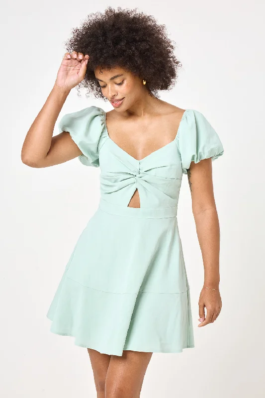 Harbor Grey Puff Sleeve Twist Keyhole Dress