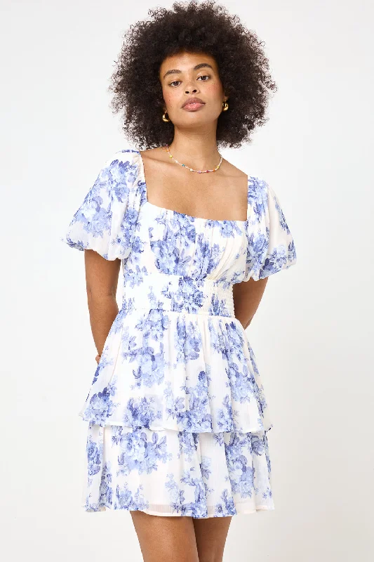 White Blue Floral Puff Sleeve Smocked Dress