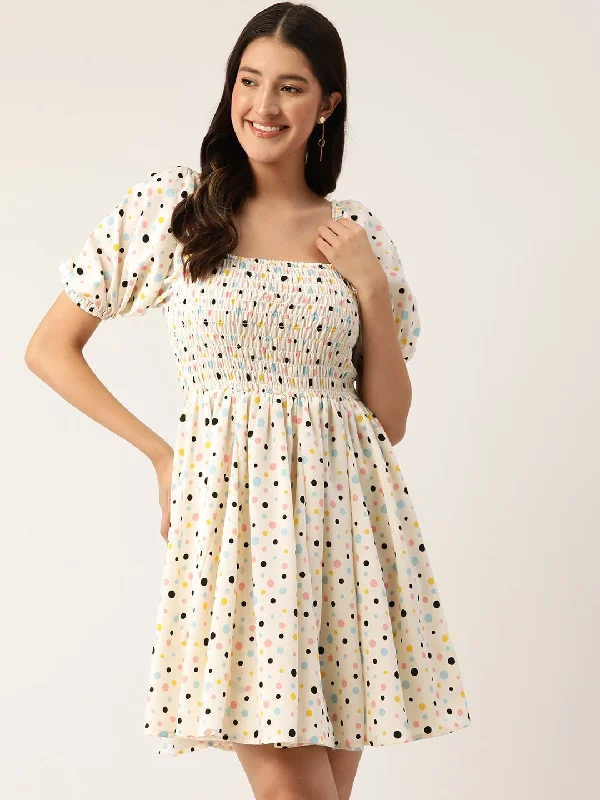Print Puff Sleeve Crepe Smocked Fit & Flare Dress