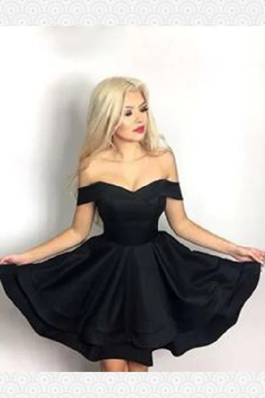 Chic V-neck Off Shoulder Ruffle Satin Homecoming Dresses Short Black homecoming Dress cg421 Chic V-neck Off Shoulder Ruffle Satin Homecoming Dresses Short Black homecoming Dress cg421
