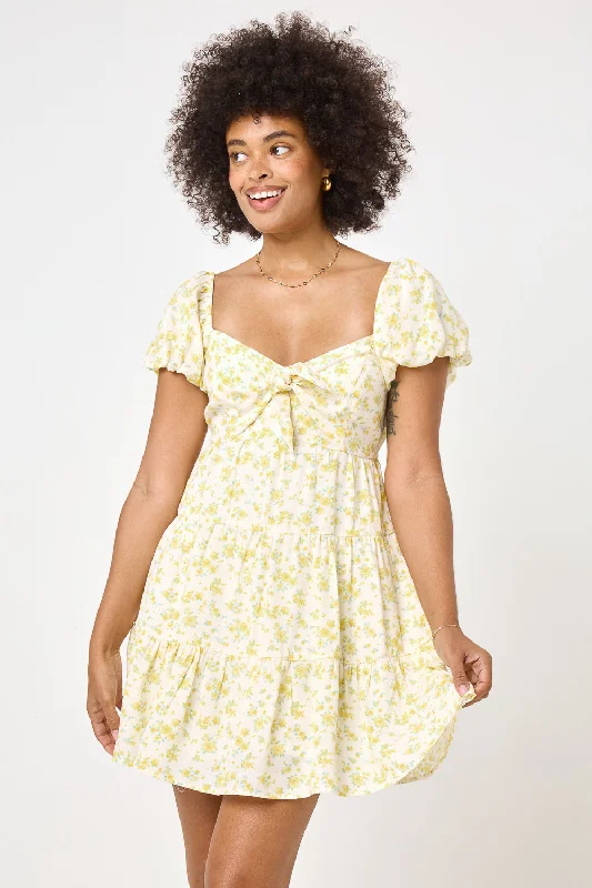Off White Yellow Puff Sleeve Tie Dress