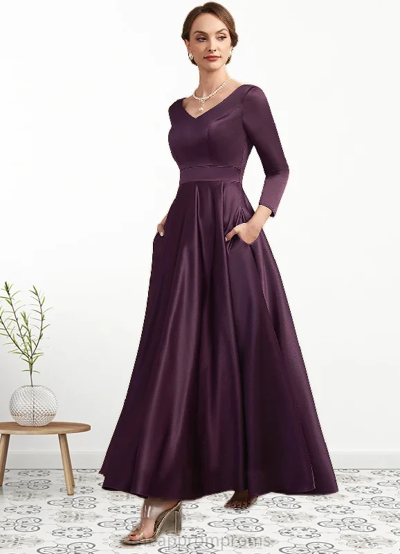 Genesis A-Line V-neck Ankle-Length Satin Mother of the Bride Dress With Pockets STI126P0014720