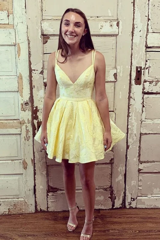 princess yellow homecoming dresses, short homecoming dresses with double straps  cg2834