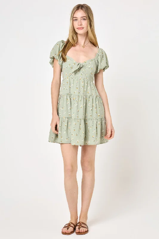 Green Floral Puff Sleeve Tie Dress