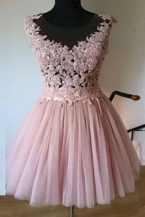 Sheer Neck Tulle Short Homecoming Dresses with Appliques  cg3589
