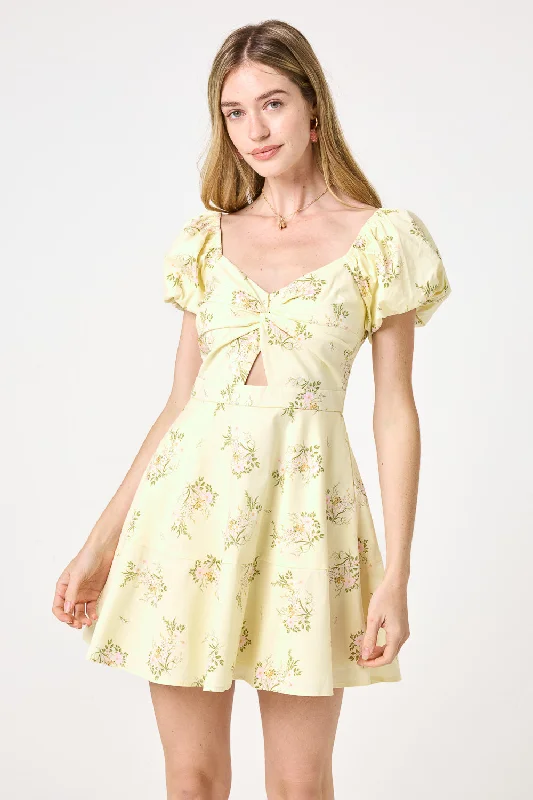 Yellow Floral Puff Sleeve Twist Keyhole Dress