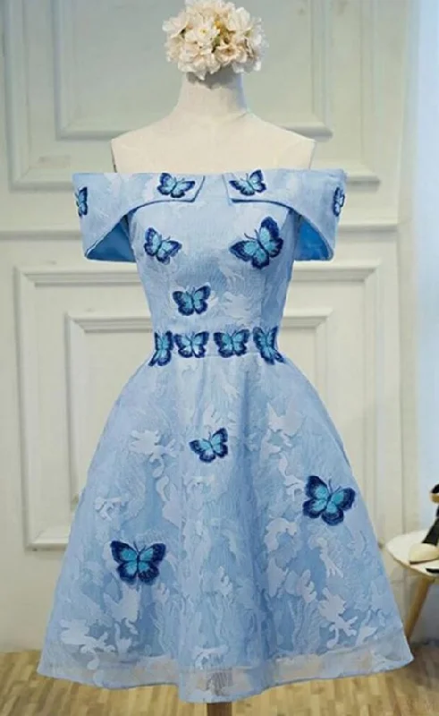 Sky Blue Off Shoulder Lace Short Homecoming Dress, Lace Homecoming Dresses with Butterfly Appliques cg3537