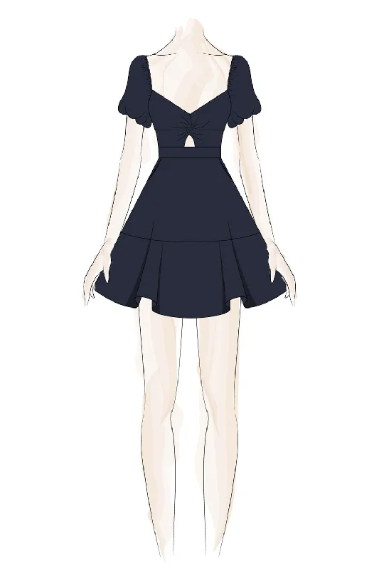 Navy Puff Sleeve Twist Keyhole Dress