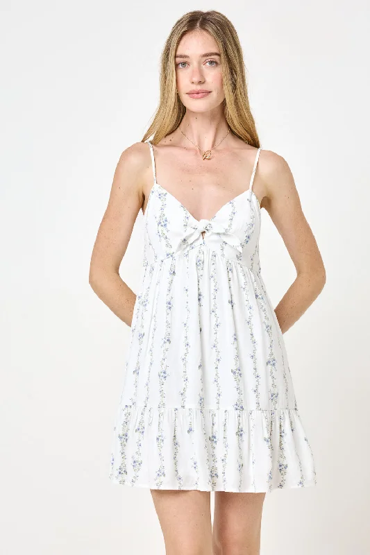 White Blue Tie Spaghetti Strap Dress