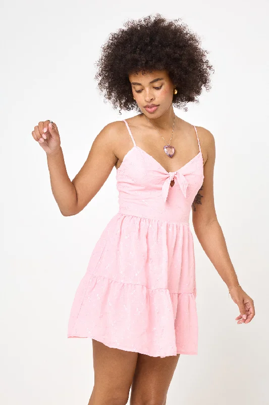 Almond Pink Tie Bow Skinny Strap Dress
