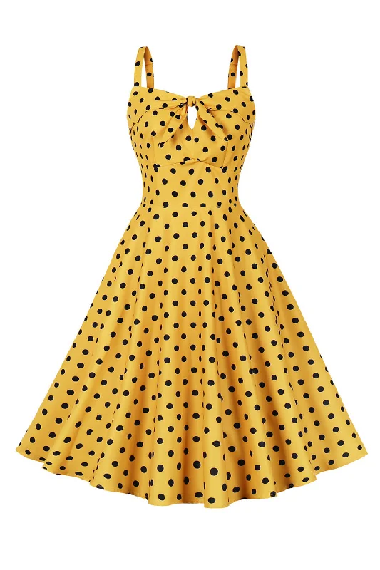 Spaghetti Straps Polka Dots Yellow 1950s Dress
