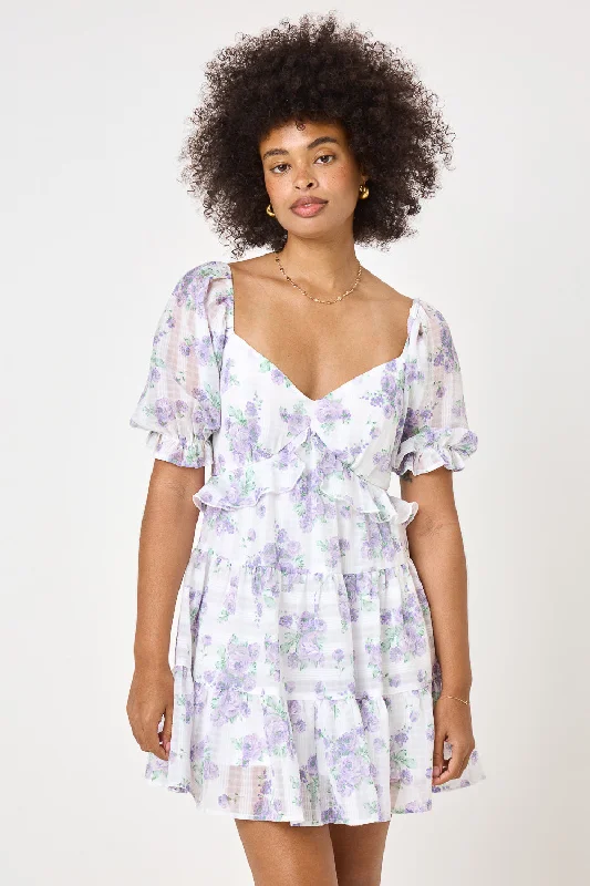 White Purple Floral Puff Sleeve V-Neck Dress