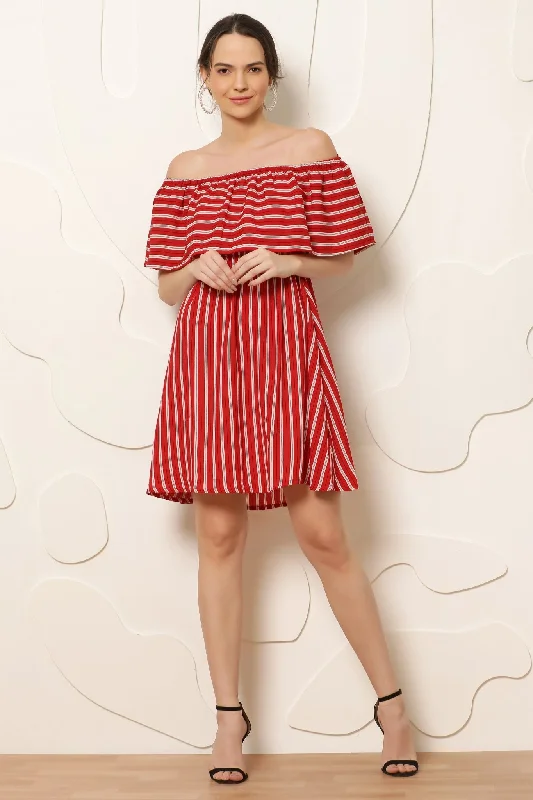 Women Red & White Striped Off-Shoulder A-Line Dress