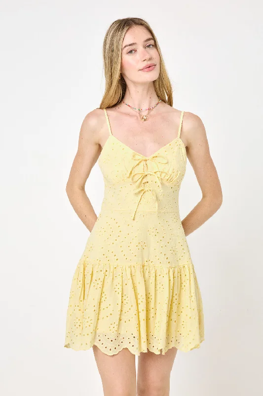 Yellow 3 Tie Bow Eyelet Dress