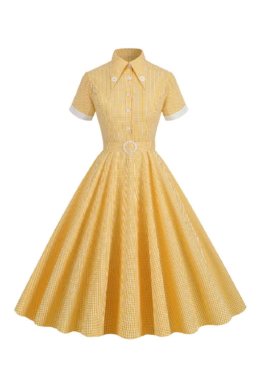 Hepburn Style Yellow Plaid Vintage Dress With Short Sleeves