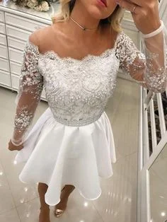 New Arrival A-Line Round Neck Long Sleeves White Pearls Short Homecoming Dress cg396 New Arrival A-Line Round Neck Long Sleeves White Pearls Short Homecoming Dress cg396