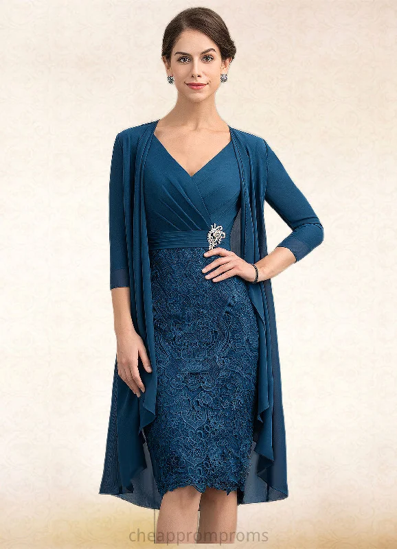 Nevaeh Sheath/Column V-neck Knee-Length Chiffon Lace Mother of the Bride Dress With Crystal Brooch STI126P0014972 Nevaeh Sheath/Column V-neck Knee-Length Chiffon Lace Mother of the Bride Dress With Crystal Brooch STI126P0014972