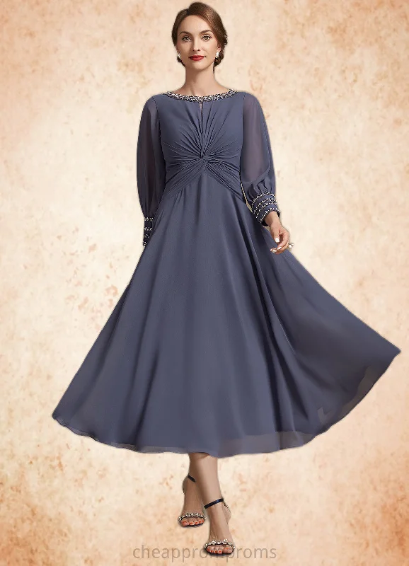 Scarlett A-Line Scoop Neck Tea-Length Chiffon Mother of the Bride Dress With Ruffle Beading STI126P0014718