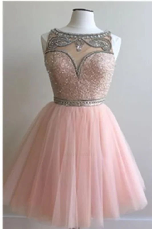 Pink homecoming dress, round neck homecoming dress, beading homecoming dress, short homecoming dress  cg266