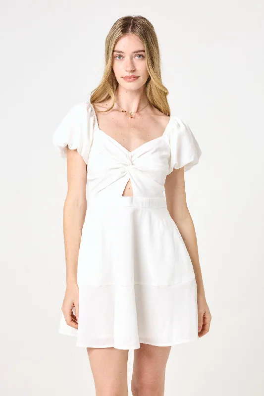 White Puff Sleeve Twist Keyhole Dress