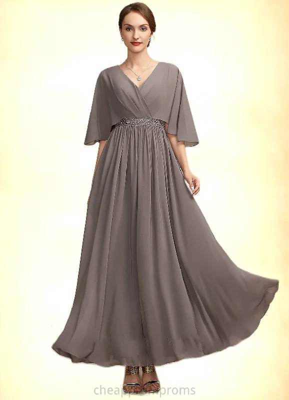Hazel A-Line V-neck Ankle-Length Chiffon Mother of the Bride Dress With Ruffle Beading STI126P0014723