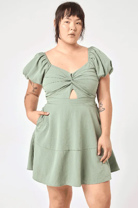 Light Teal Puff Sleeve Twist Front Dress