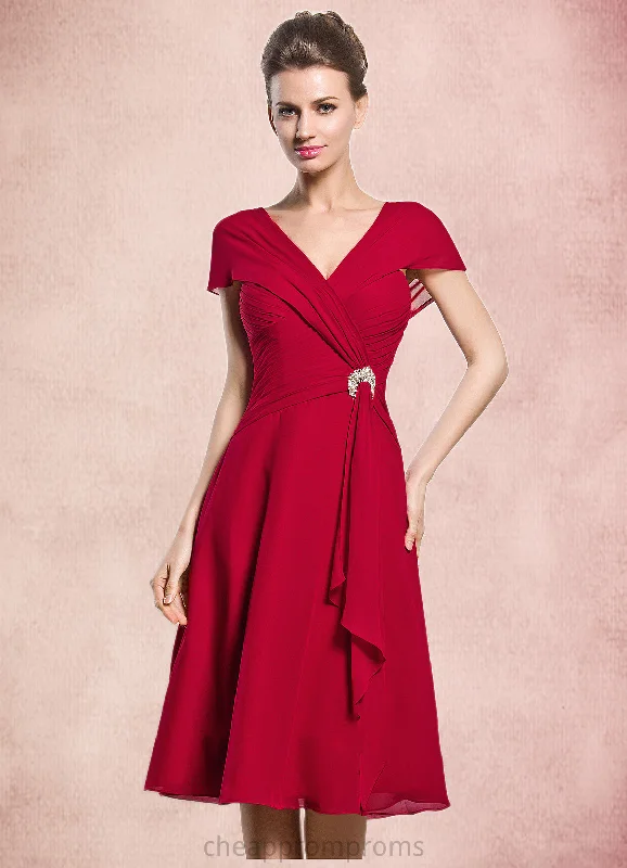 Jaiden A-Line V-neck Knee-Length Chiffon Mother of the Bride Dress With Beading Sequins Cascading Ruffles STI126P0014835