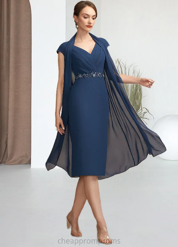 Thea Sheath/Column V-neck Knee-Length Chiffon Mother of the Bride Dress With Ruffle Beading Sequins STI126P0014847 Thea Sheath/Column V-neck Knee-Length Chiffon Mother of the Bride Dress With Ruffle Beading Sequins STI126P0014847