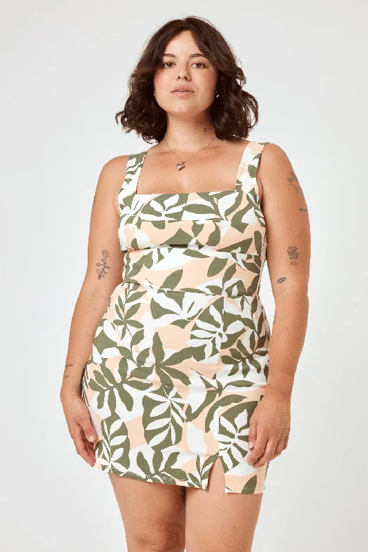 Peach Green Floral Sleeveless Tie Back Dress