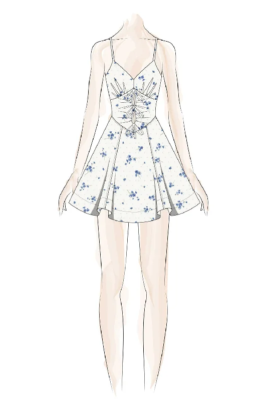 White Blue Floral 3 Tie Bow Dress
