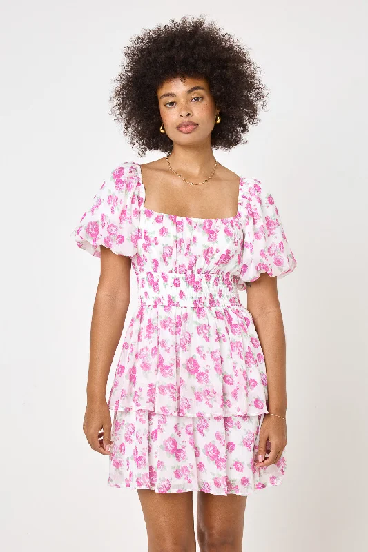 White Pink Floral Puff Sleeve Smocked Dress
