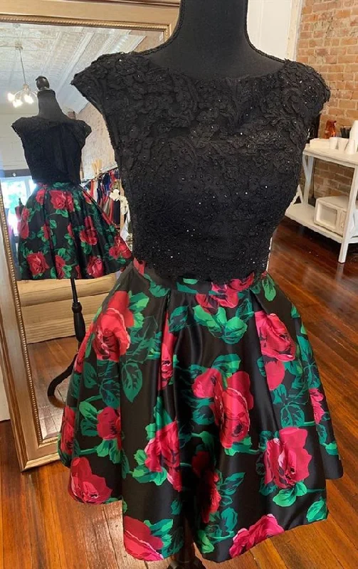 Two Piece Bateau Open Back Short Black Floral Homecoming Dress with Appliques cg3336 Two Piece Bateau Open Back Short Black Floral Homecoming Dress with Appliques cg3336