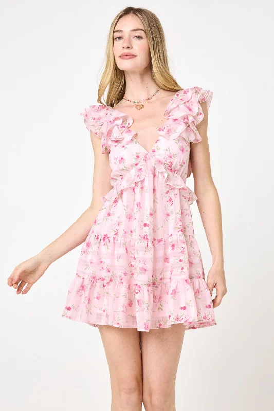 Pink Floral Ruffle Sleeve Dress