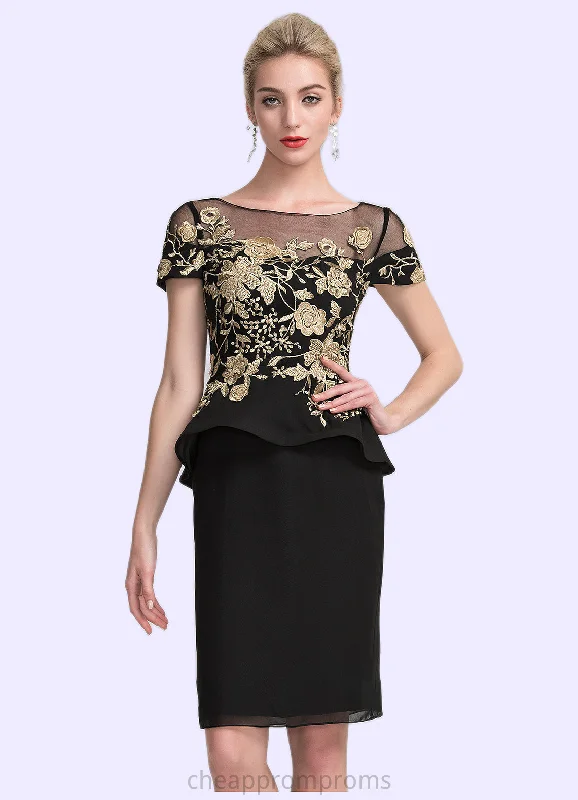 Charlie Sheath/Column Scoop Neck Knee-Length Chiffon Mother of the Bride Dress With Lace Cascading Ruffles STI126P0014887 Charlie Sheath/Column Scoop Neck Knee-Length Chiffon Mother of the Bride Dress With Lace Cascading Ruffles STI126P0014887