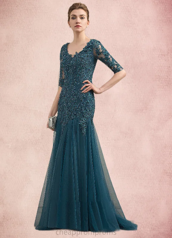 Ruby Trumpet/Mermaid V-neck Sweep Train Tulle Lace Mother of the Bride Dress With Beading Sequins STI126P0014804 Ruby Trumpet/Mermaid V-neck Sweep Train Tulle Lace Mother of the Bride Dress With Beading Sequins STI126P0014804