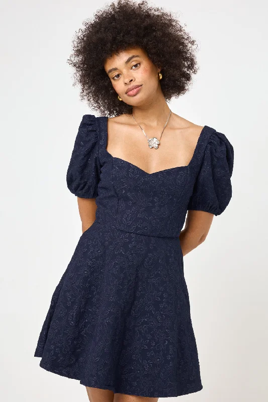 Navy Puff Sleeve Embossed Dress