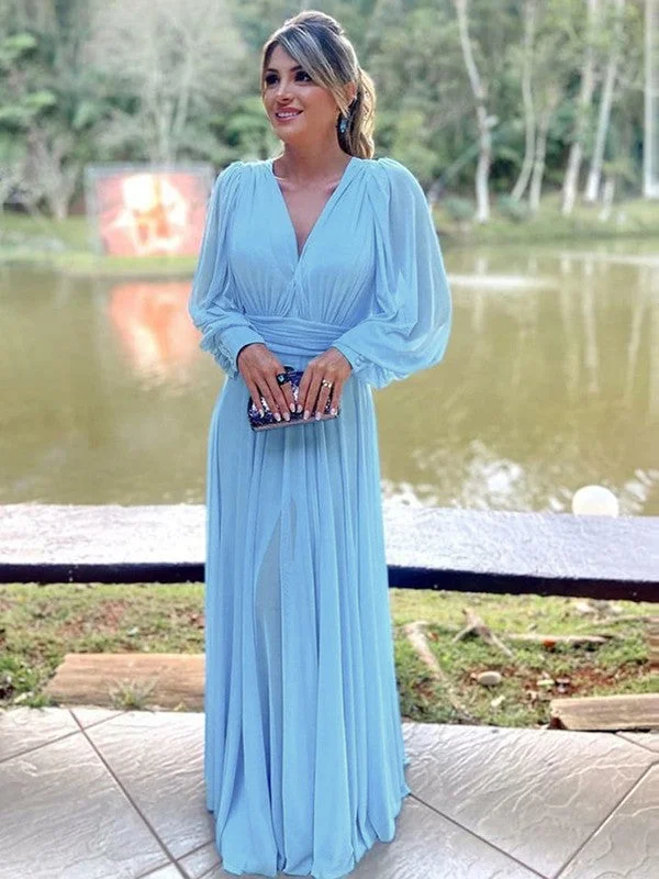 Rhianna A-Line/Princess Chiffon Ruffles V-neck Long Sleeves Floor-Length Mother of the Bride Dresses STIP0020376