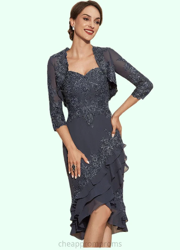 Leia Sheath/Column Sweetheart Asymmetrical Chiffon Lace Mother of the Bride Dress With Sequins Cascading Ruffles STI126P0014837