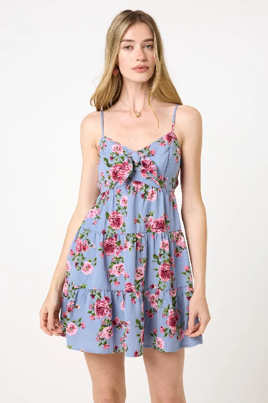 Blue Floral Tie Front Spaghetti Strap Dress