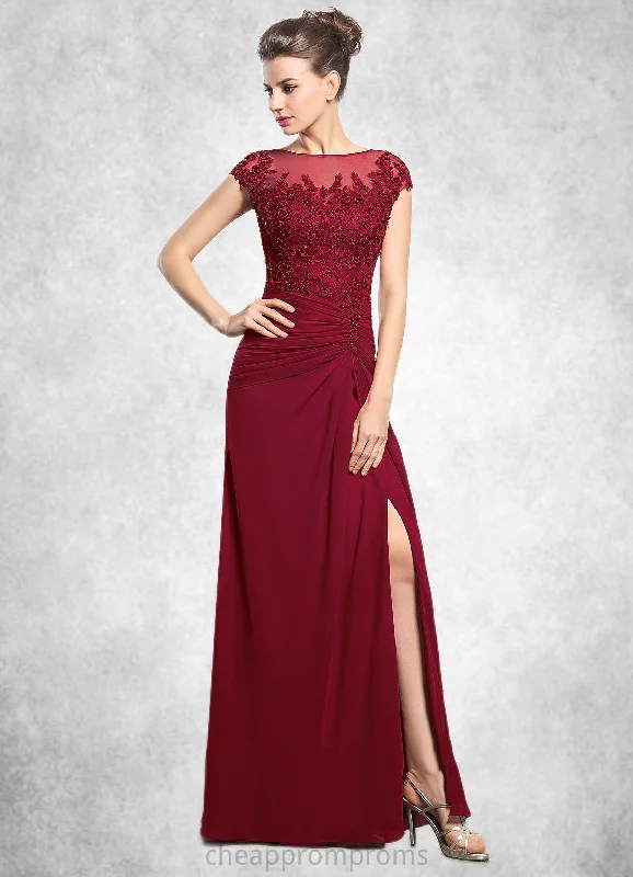 Ruby Sheath/Column Scoop Neck Floor-Length Chiffon Mother of the Bride Dress With Ruffle Beading Appliques Lace Sequins Split Front STI126P0014549 Ruby Sheath/Column Scoop Neck Floor-Length Chiffon Mother of the Bride Dress With Ruffle Beading Appliques Lace Sequins Split Front STI126P0014549