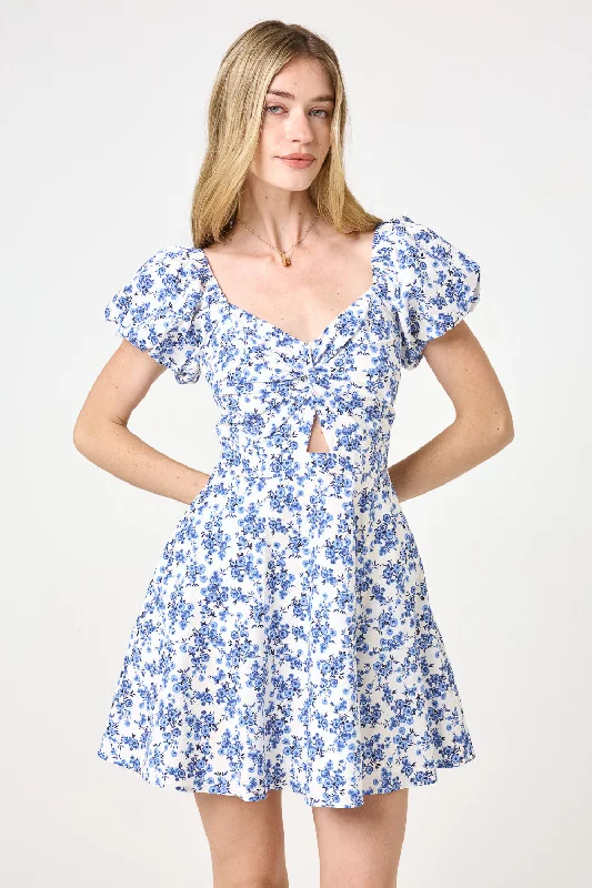 White Blue Floral Puff Sleeve Twist Keyhole Dress