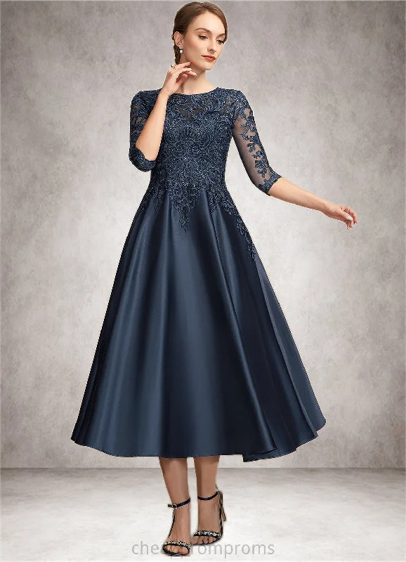 Katrina A-Line Scoop Neck Tea-Length Satin Lace Mother of the Bride Dress With Sequins STI126P0014736 Katrina A-Line Scoop Neck Tea-Length Satin Lace Mother of the Bride Dress With Sequins STI126P0014736