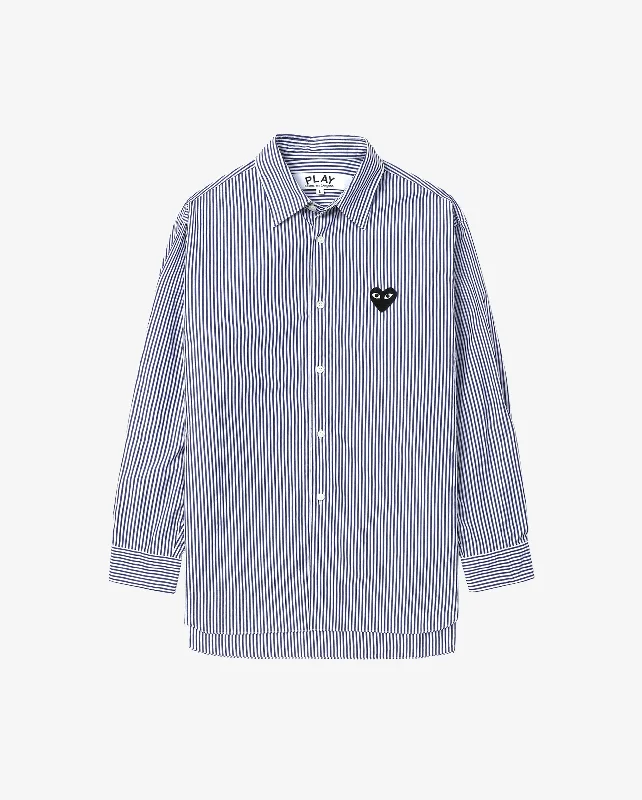 B018 UNISEX BLACK HEART SHIRT / BLUE WHITE STRIPE Classic Solid Short Shirt