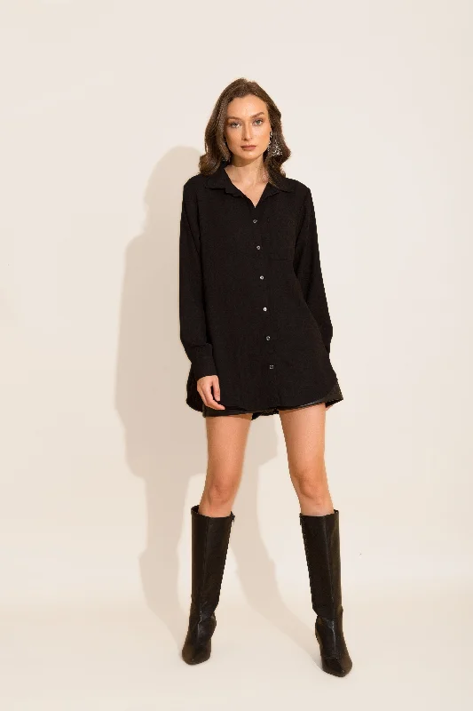 Black Oversized Shirt Fashionable Draped Short Sleeve