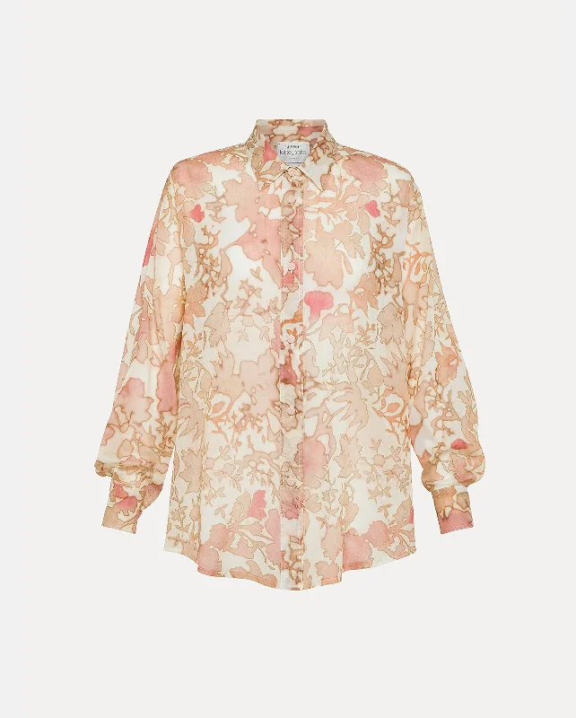 BLOOM MIST PRINT OVERSIZED SHIRT / CERISE Fashionable Cuffed Short Sleeve