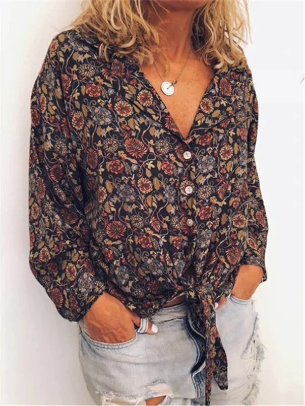 Bohemian Retro Casual Loose Floral Shirt Top Elegant Button-Down Short Shirt