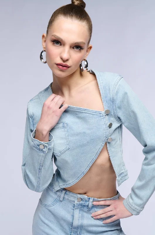 BRITNEY SIDE BUTTON DOWN DENIM COLLARED SHIRT Elegant Longline Short Shirt