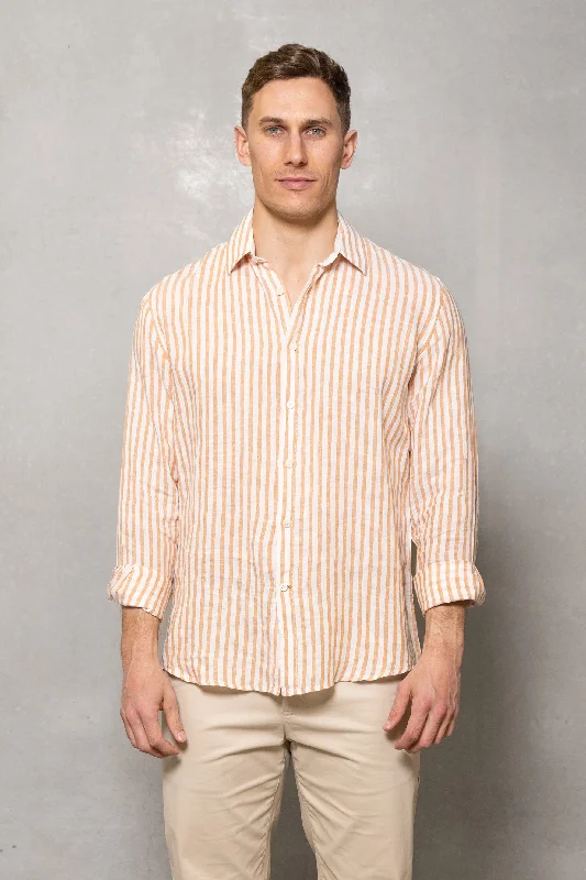 Cutler & Co - Blake Shirt - Striped Linens - Blue or Orange Fashionable Cuffed Short Sleeve