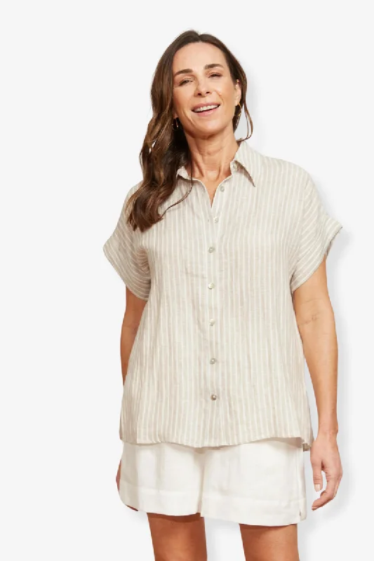 Eb & Ive - Sojourn Stripe Shirt - Dune Casual Loose Short Sleeve