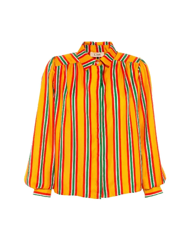 Eliza Mango Retro Stripe Print Silk Twill Shirt Casual Boxy Short Shirt